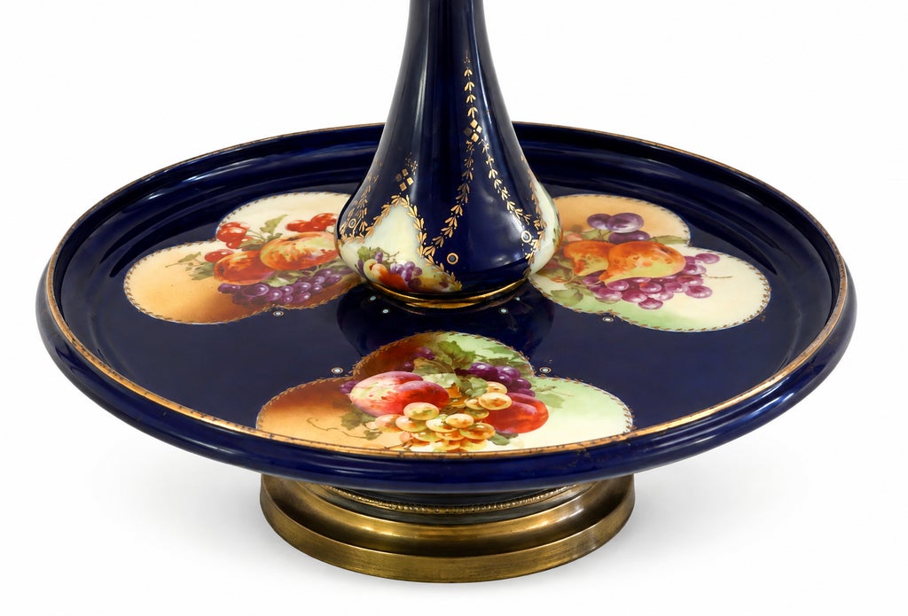 Dresden Style Vintage Cobalt Blue Porcelain Tray Table Lamp With Hand-Painted Fruit & Brass Accents — view 5