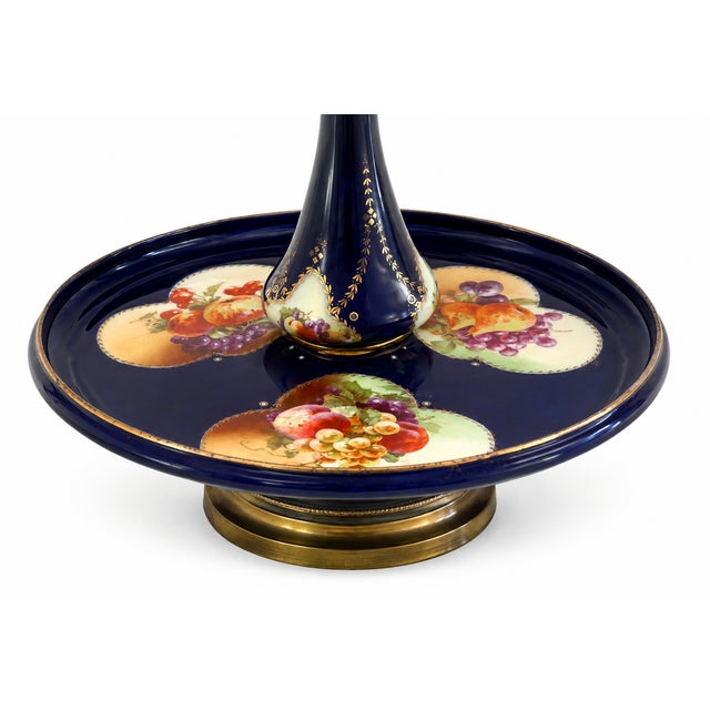 1970s Dresden Style Vintage Cobalt Blue Porcelain Tray Table Lamp With Hand-Painted Fruit & Brass Accents For Sale - Image 5 of 6