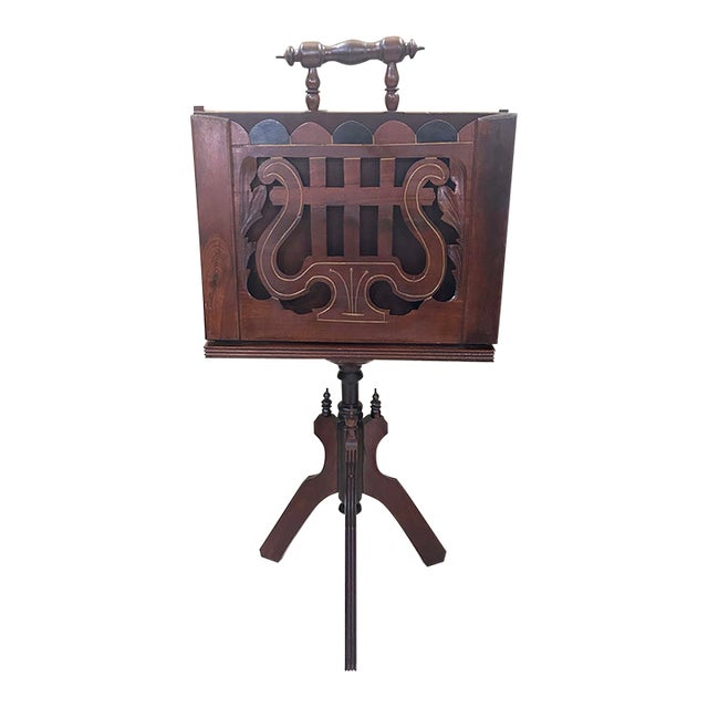Antique Mahogany, Double-Sided, Rotating Magazine/Book/Sheet Music Carrier, With Intricately Carved Fretwork Panels, Turned Handle and a Tripod Column For Sale