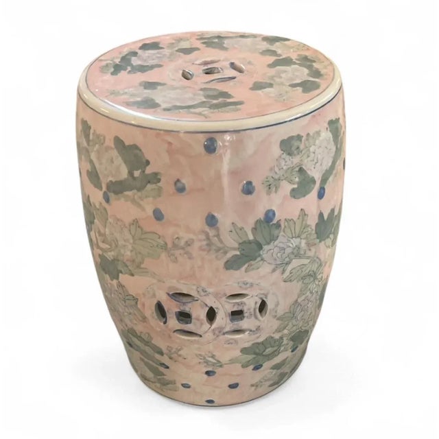Chinoiserie 1990s Pink & Green Floral Hand-Painted Ceramic Garden Stool/Side Table For Sale - Image 3 of 4