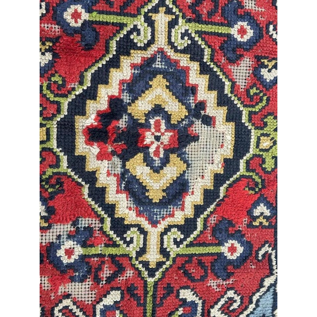 Pretty small French rug with a design of Turkish rugs and beautiful colours with red, sky blue, dark blue, green and...