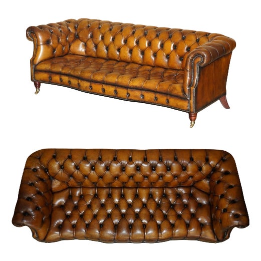 Vintage Hand-Dyed Brown Leather Serpentine Chesterfield Sofa For Sale