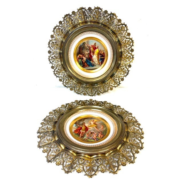 Pair Vienna Mythological Porcelain Plates in Pierced Gilt-Bronze Roman Frames For Sale - Image 10 of 18