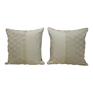 Vintage Woven Silk Gold and Silver Obi Square Decorative Pillows - A Pair For Sale