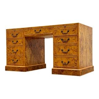 1970s Burled Olive Wood Vintage Campaign Double Pedestal Partner Desk For Sale