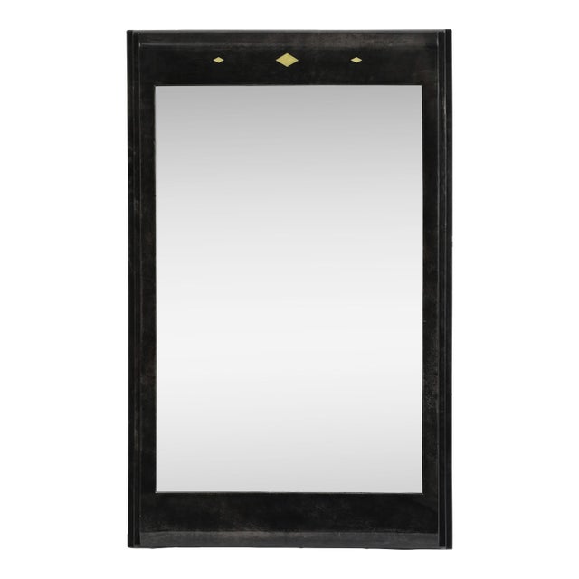 Karl Springer Style Black Goat Skin Wall Mirror With Gold Leaf Accents For Sale