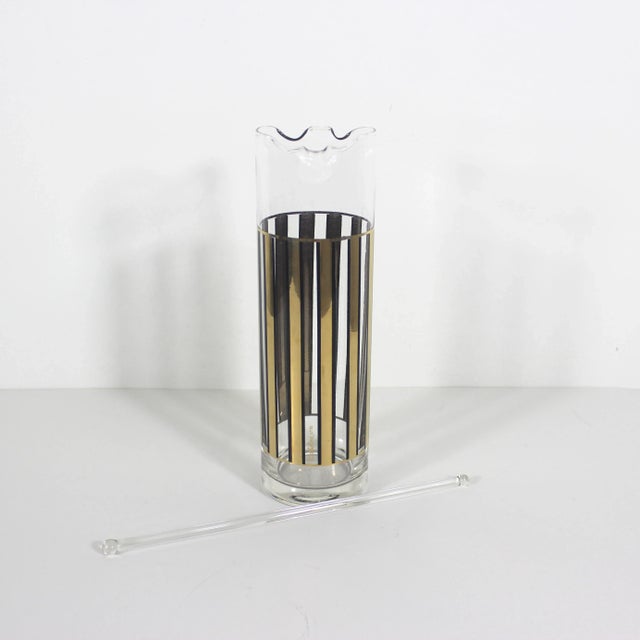1960s Mid Century Modern Cocktail Mixer With Stir Stick Culver 24k Gold and Black Striped Glass, Signed For Sale - Image 5 of 11