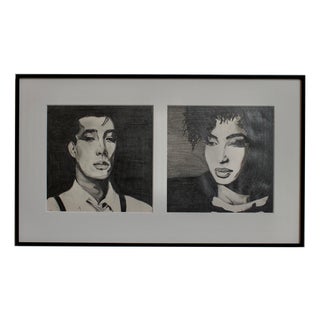 Man & Woman Diptych, 1980s, Charcoal Drawing For Sale