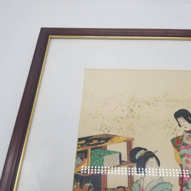 Vintage Japanese Ukiyo-E Period Woodblock Print Depicting Two Women With Scroll and Book For Sale - Image 9 of 15