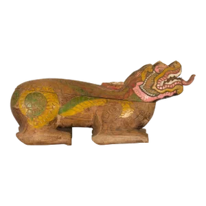 Thai 1900s Reclining Guardian Lion Carved Prayer Box with Polychrome Décor