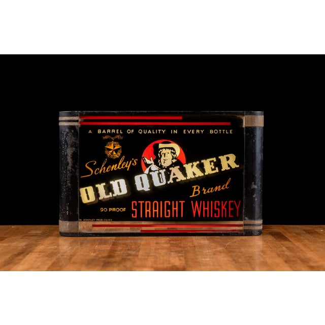 Vintage Backlit Reverse-Painted Glass Old Quaker Whiskey Sign For Sale - Image 4 of 5