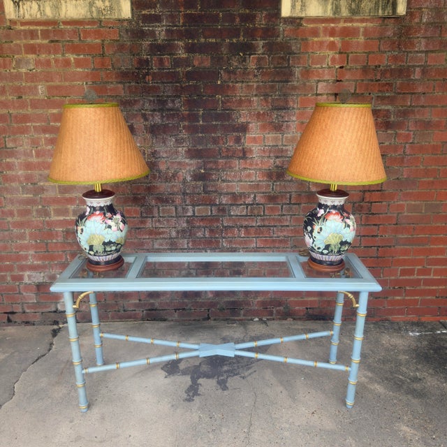 Ballard Designs Vintage French Blue and Gold Faux Bamboo Console Table Attributed to Lane Altiavista Newly Painted - Dorothy Draper Style For Sale - Image 4 of 11