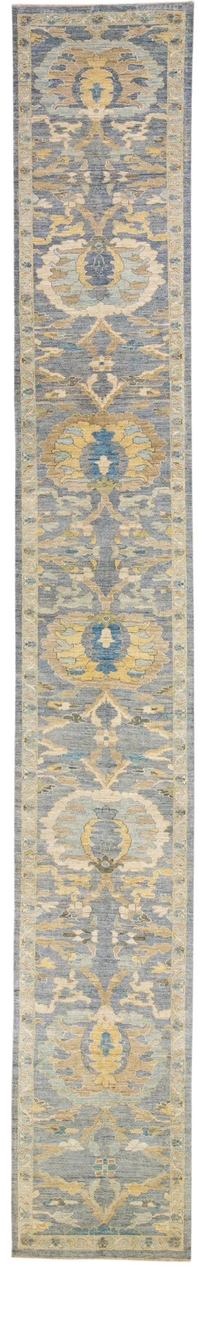Modern Sultanabad Handmade Floral Blue Long Wool Runner