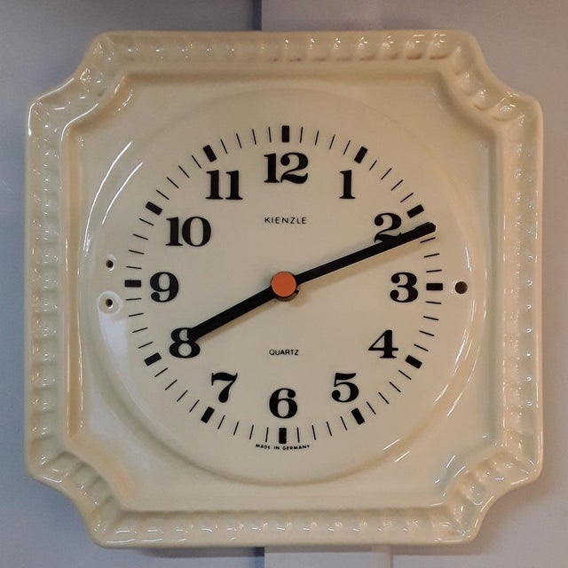 Vintage German Wall Clock in Cream-Colored Ceramics with Black Hands and Digits with Orange Point from Kienzle, 1970s For Sale - Image 4 of 5