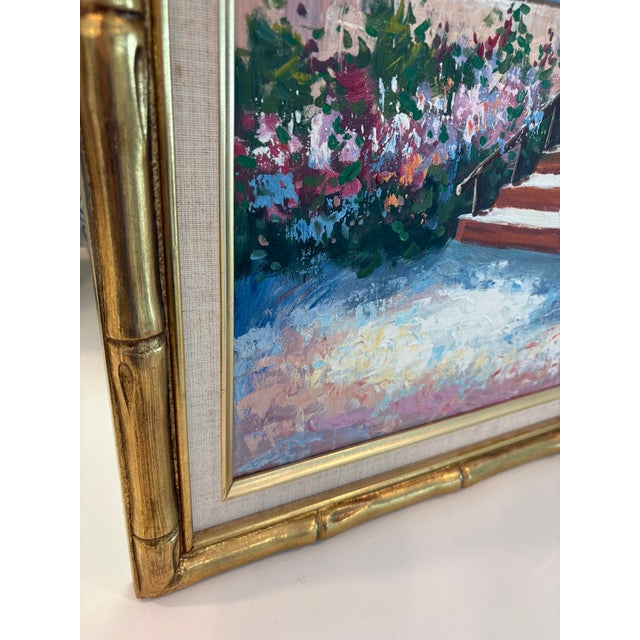 Mastercraft Vintage Framed Cottage Garden Entry Oil Painting With Gold Bamboo Frame For Sale - Image 4 of 10