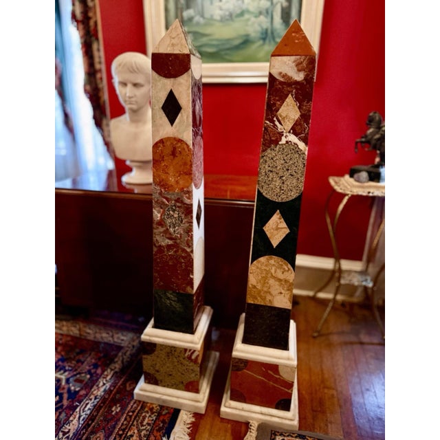 Mid 20th Century Pair MONUMENTAL GRAND TOUR STYLE SPECIMEN MARBLE OBELISKS ITALIAN ROMAN EMPIRE For Sale - Image 4 of 11