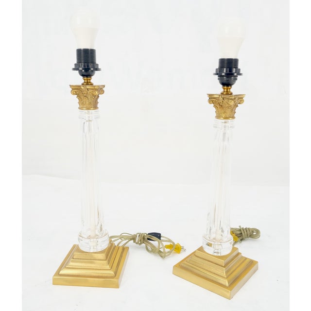 960'sPair of Crystal & Square Brass Bases Ornate Shades 25" Tall Table Lamps