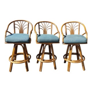 Mid-Century Rattan Bentwood Green Swivel Bar Stools - Set of 3 For Sale
