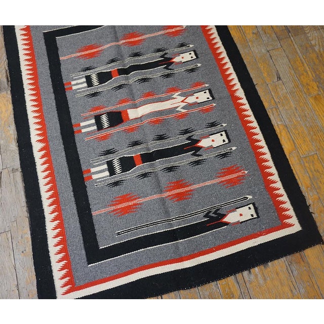 Tribal 1940s Gray Tribal Geometric Vintage American Navajo Yei Rug 2'10" × 3'10" Flatweave Wool Carpet For Sale - Image 3 of 18