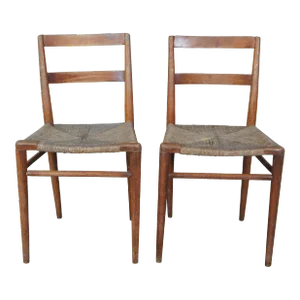 Early 20th Century Primitive Antique Shaker Style Maple Ladder Back Dining Side Chairs Rush Seat - Set of 2
