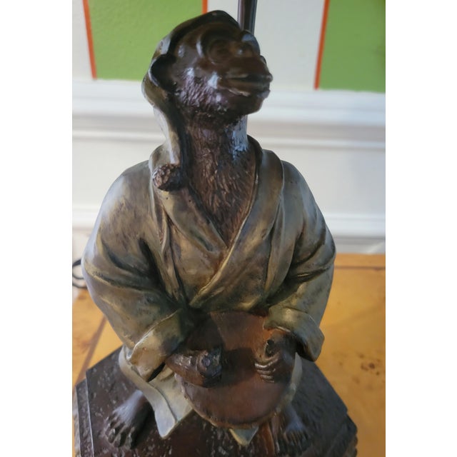 Vintage Regency Monkey Playing a Drum With Gold Robe, Hat Table Lamp Striped Black Gold Shade For Sale In West Palm - Image 6 of 11