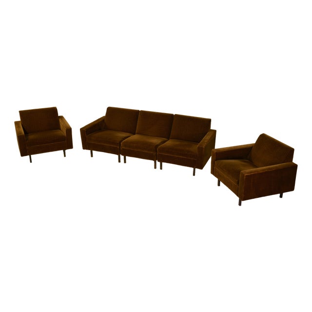 Brown Velvet Sofa and Chairs, 1960s, Set of 3 For Sale