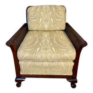 Upholstered Wood Cane Accent Lounge Chair For Sale