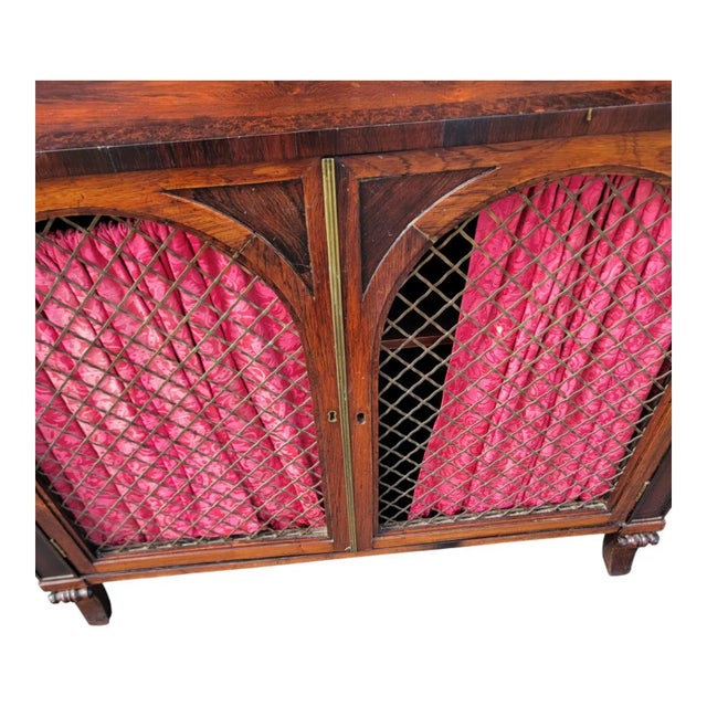 19th C English Regency Rosewood Cabinet Sideboard With Shelves & Brass Grille For Sale - Image 16 of 16