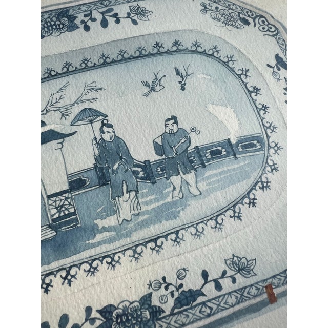 1970s Blue and White Asian Signed Watercolor Painting, Framed For Sale - Image 5 of 5