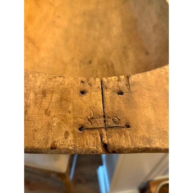 Antique Hand-Carved Primitive Wooden Dough Bowl With Early Wire Repairs – 42” For Sale In Atlanta - Image 6 of 8