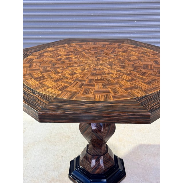 1950s 1950s French Art Deco Style Octagonal Center / Foyer Table in Zebrano Wood & Parquetry Finish For Sale - Image 5 of 6