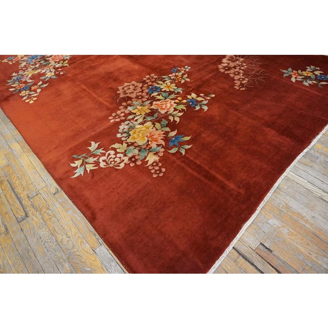 Red 1930s Red Modernist Flowers Antique Chinese Art Deco Carpet 8'10'' X 11'4'' Knotted Wool Rug For Sale - Image 8 of 12