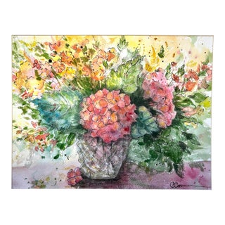 Original Watercolor Ink and Wash Painting Crystal Hydrangeas For Sale
