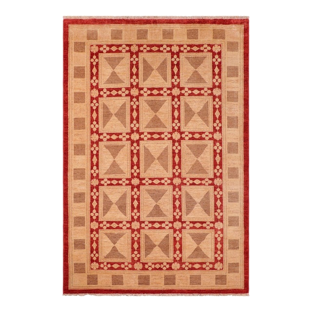 Oriental Ziegler Red Tan Hand-Knotted Wool Rug - 5'11'' X 8'10'' For Sale