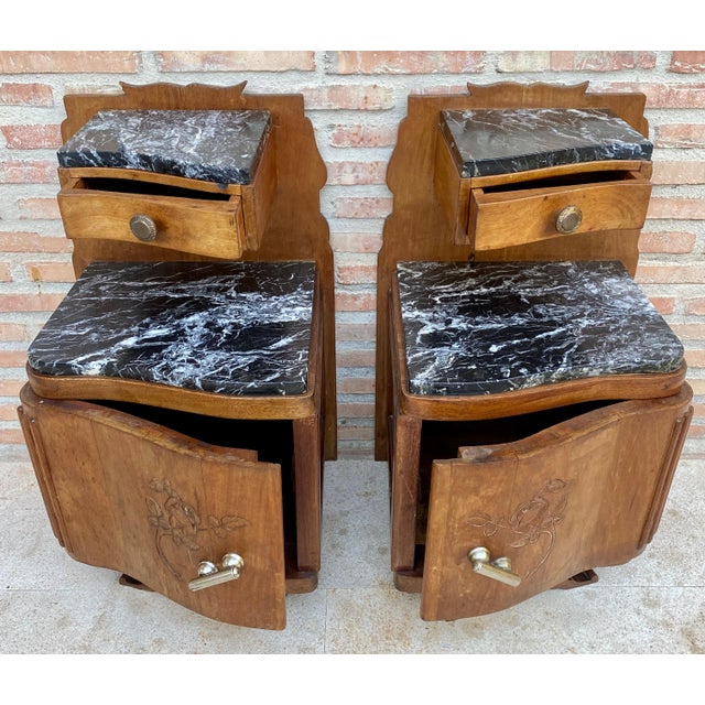 Art Nouveau Style Carved Nightstands or Bedside Tables with Marble Top, 1930, A Pair For Sale - Image 6 of 18