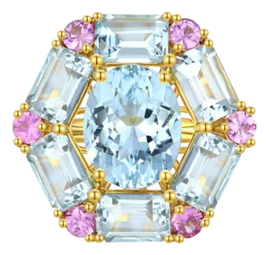 Nina Zhou Margaret Aquamarine Pink Sapphire Cocktail Ring in 14k Yellow Gold Ring, Size 6