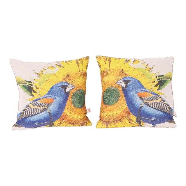 Pair of Linen Throw Pillows With Blue Birds For Sale