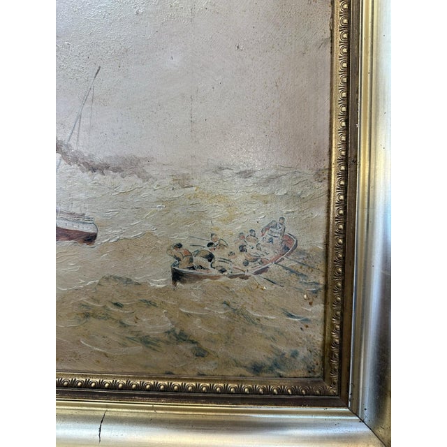 Naval Shipwreck, 1900, Oil Painting on Cardboard For Sale - Image 9 of 12
