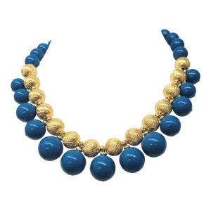 Vintage 1980s Signed Napier Goldtone Blue Beaded Necklace