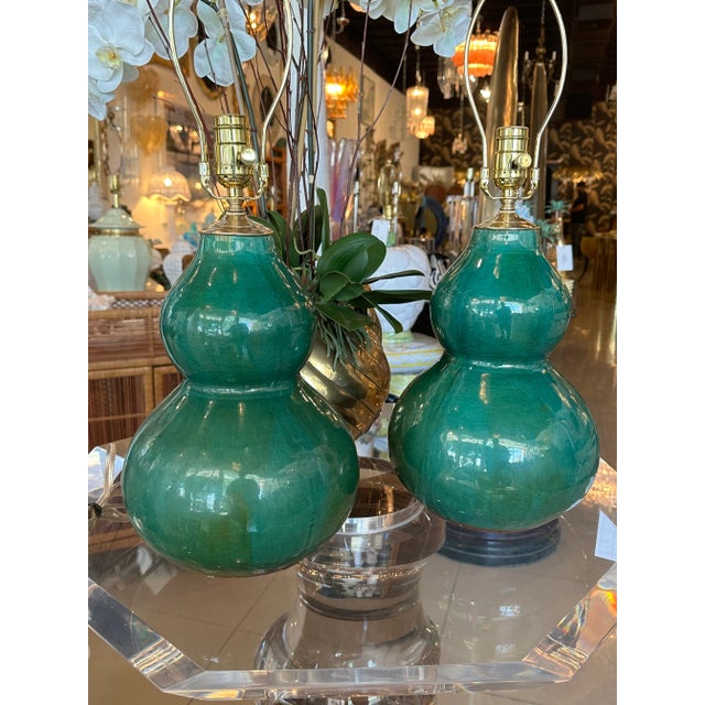 1960s Vintage Pair Gourd Green Crackle Glaze Porcelain Table Lamps Newly Wired Brass For Sale - Image 5 of 12