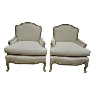 French Louis XV Bergere Chairs Attributed to Baker Furniture Re-Upholstered in Belgian Natural Linen -a Pair. For Sale