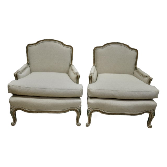 French Louis XV Bergere Chairs Attributed to Baker Furniture Re-Upholstered in Belgian Natural Linen -a Pair. For Sale