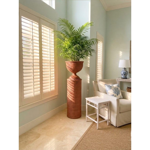 Vintage Mid-Century Woven Wicker Pedestal Urn Planter | Boho Chic Rattan Floor Stand For Sale - Image 9 of 12