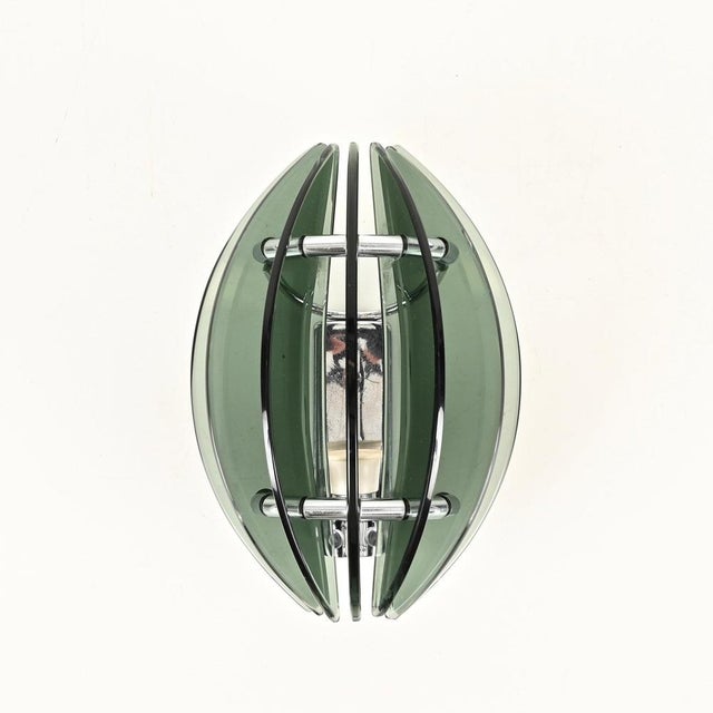 Gold Green Crystal and Chrome Wall Sconces by Veca, Italy, 1970s, Set of 2 For Sale - Image 8 of 16