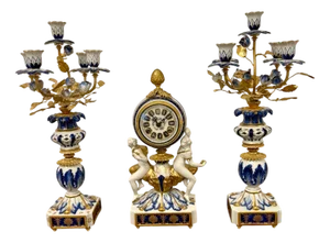 Large Victorian French Porcelain and Gilded Metal Clock Set, 1860s, Set of 3