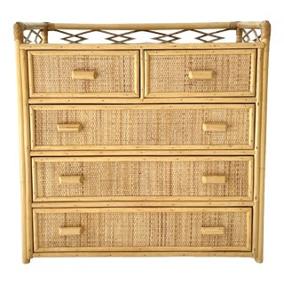 Vintage Glass Top Wicker Five-Drawer Chest of Drawers in Angraves Style, 1970s For Sale