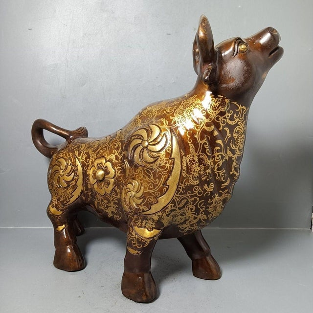 Metal Vintage Gilt-Decorated Brass Bull Sculpture / Chinese Feng Shui Ox Statue For Sale - Image 7 of 9