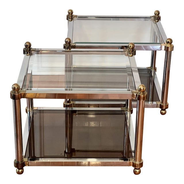 Mid Century Maison Jansen Style Two Tier Brass and Chrome Glass Square Tables, Pair For Sale