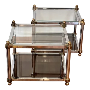 Mid Century Maison Jansen Style Two Tier Brass and Chrome Glass Square Tables, Pair