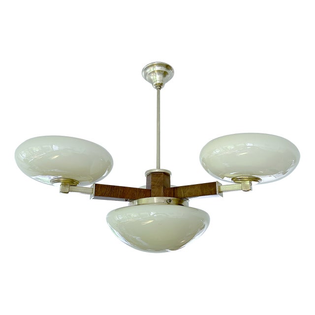 Vintage Art Deco Pendant Light in Wood and Glass, 1930s For Sale